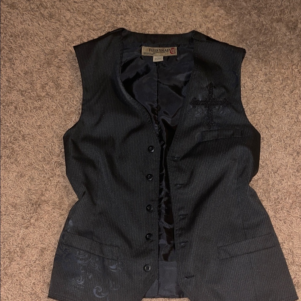 Vintage Y2K Black Pinstripe Vest with Embroidered Cross